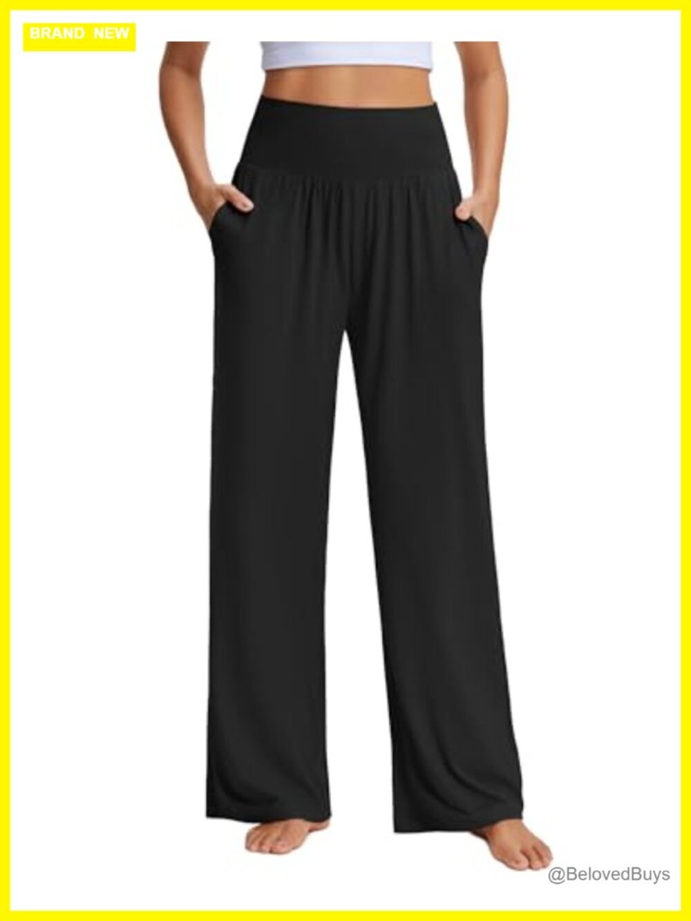 Wide Leg Lounge Pants High Waist Pull On Side Pockets Casual Yoga